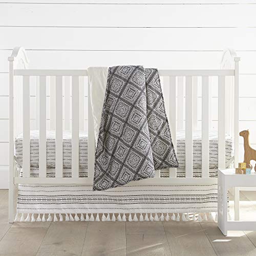Image of Levtex Baby Nest & Nod Riley Crib Bed Set - Baby Nursery Set - White, Black, Grey - Intricate Geometric - 3 Piece Set Includes Quilt, Fitted Sheet, Crib Skirt /Dust Ruffle