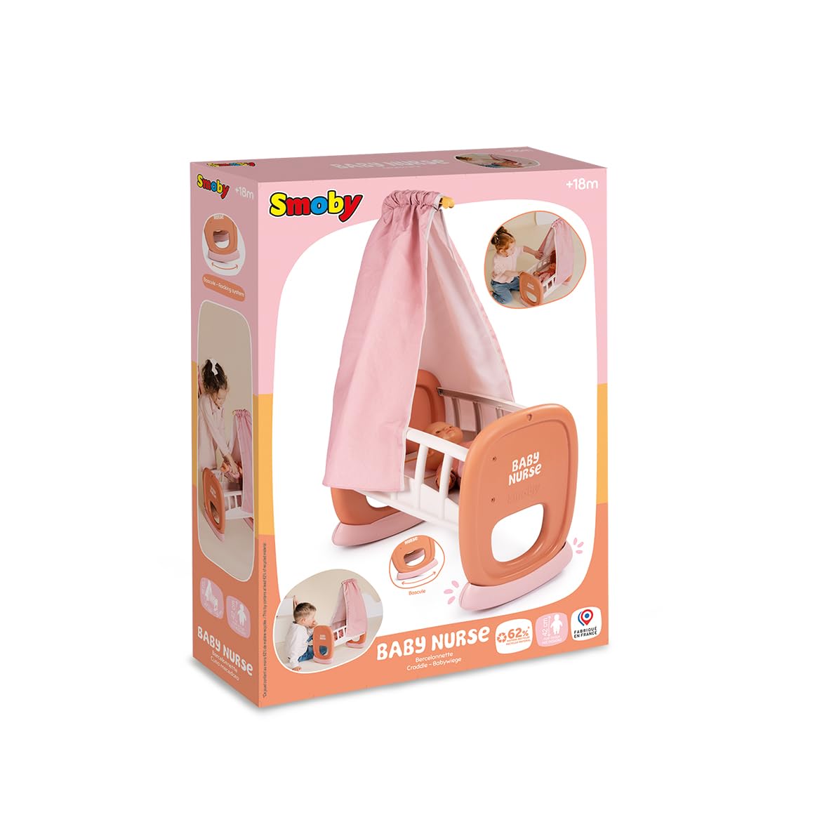 Smoby - Baby Nurse - Bercelonnette - pour Poupons Jusqu'à 42 cms - Lit Bébé avec Mat Tissu - Matière Recyclée - A Partir de 18 Mois - Fabrication Française