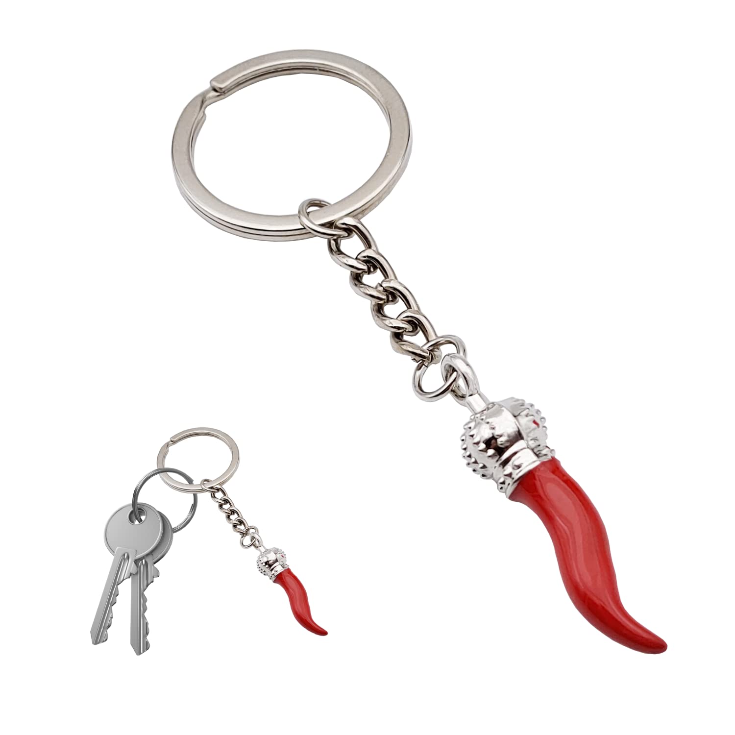 Keyring with Pendants Enamelled in Horn Shape Scaramantic Lucky Charm - Neapolitan Horns Men or Women, Scaramanzia - Cornicello Amulet Chili Naples, Horns S, M