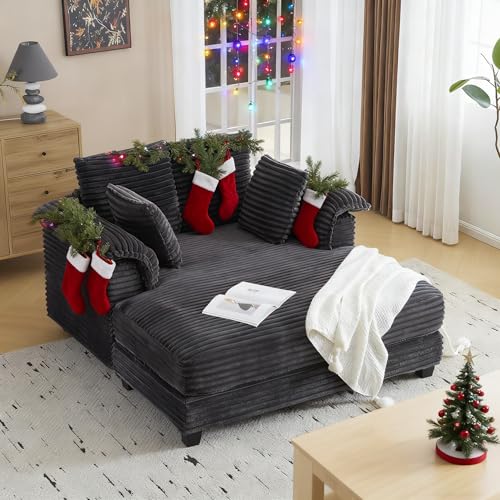 VINGLI 56" Oversized Chaise Lounge Chair, Dark Grey Comfy Corduroy Chaise Sofa Recliner Bed Upholstered Sleeper Couch Bed with Throw Pillows and Armrests for Living Room, Movie Room, Bedroom