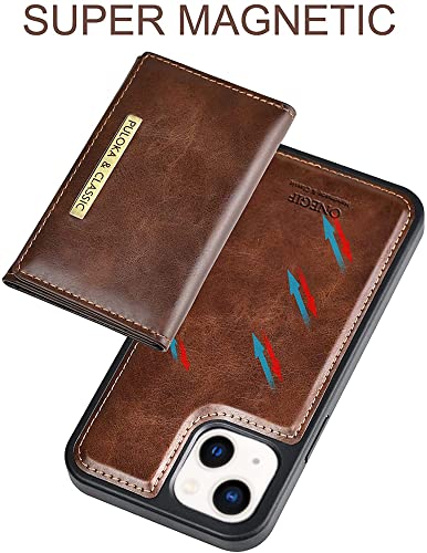 Image of PULOKA Wallet Back Case - Compatible with iPhone 14 - Vegan Leather Phone Cover - Detachable Card Holder Case with Kickstand - Shockproof, Anti Scratch & Raised Edges for Protection - Brown