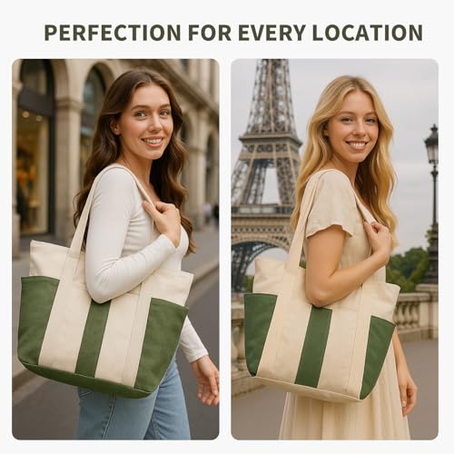 Large Canvas Tote Bag,White and Green, with Laptop Sleeve and Multiple Pockets2