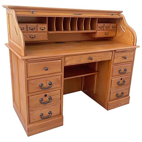 Solid Oak Roll Top Desk with Locking File Drawers Cover