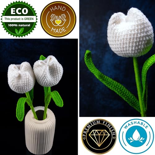 Image of Tulip Crochet Flowers | Handcrafted Artificial Faux Woolen Flower with Long Stem | Natural Looking Knitted Flower for Home, Living Room, Vase & Bouquet Decoration & Gifting | White- 2 Pcs