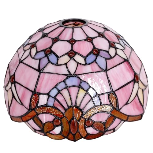 Image of 12 Inch Tiffany Lamp shade Replacement Only(Pink Baroque) | Stained Glass Lampshade Only 1-5 /8-Inch Fitter Opening for Arched Floor Lamp, Torchiere Lamp, Pendant Light