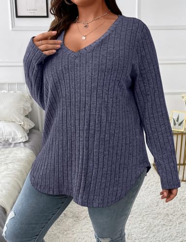 Image of Koscacy Women Plus Size Casual Knit Sweater V Neck Solid Color Tops Lightweight Long Sleeve Blouses