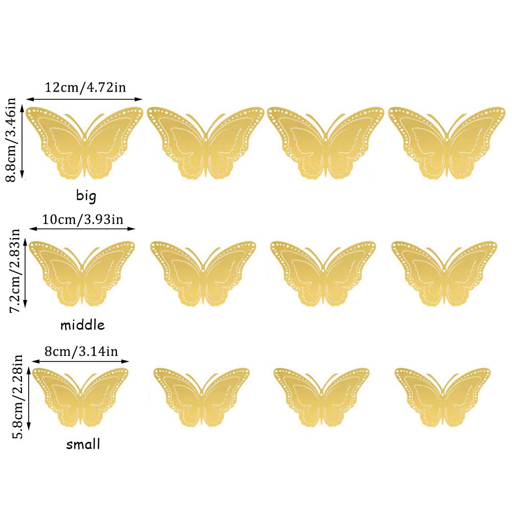 12 Pcs 3 Layers Wing Butterfly Wall Decor Gold 3D Hollow Stickers for Home Bedroom Cake Party Baby Shower Birthday Decorations