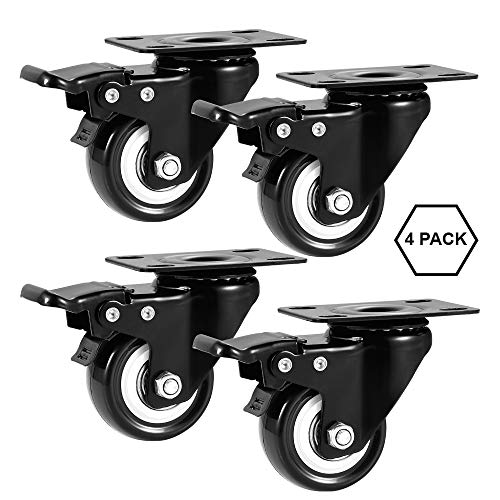 Image of 2 inch Caster Wheels Set of 4, Heavy Duty Casters with Brake, No Noise Locking Polyurethane (PU) Wheels, Swivel Plate Castors Pack 4