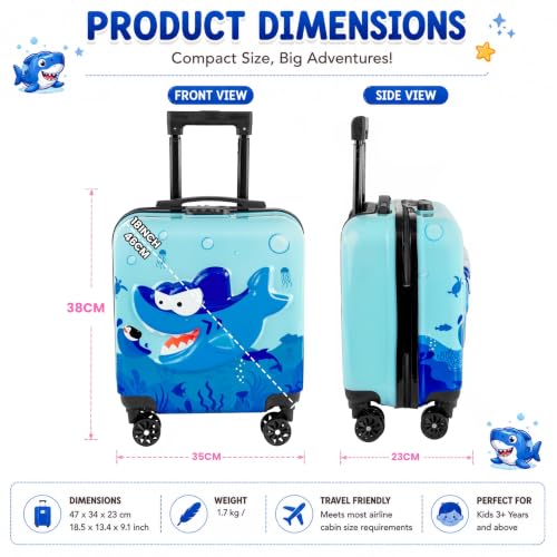 Image of Kids Carry On Luggage with Wheels, 18-inch Hard Shell Suitcase for Boys & Girls, Lightweight Toddler Rolling Travel Bag with Retractable Handle, Durable Hardside Spinner Suitcase,blue shark