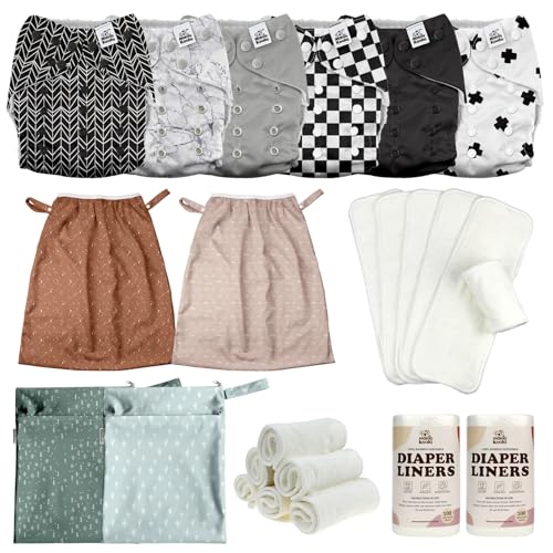 Image of MK 3.0 Baby Cloth Diapers with 6 Inserts Bundle, with Bambo Liners, 5-Layer Bambo Inserts (6 Pack), Wet Bags and Pail Liners.
