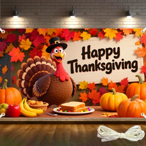 Happy Thanksgiving Banner Backdrop 71x43 Inch Thanksgiving Decorations Maple Leaves Turkey Pumpkin Photo Backdrop Banner Fall Themed Party Decorations with 19.68ft Ribbon