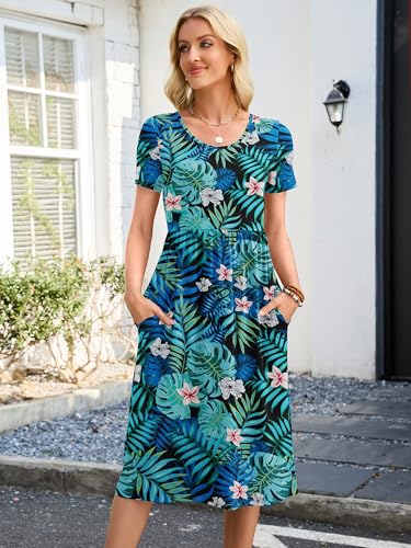 Image of Heymoments Women's Casual Short Sleeve Midi Dress Crewneck A Line Tiered Flowy Loose Travel Long Dresses with Pockets