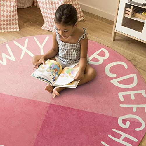 Livebox 4 Ft Pink Abc Round Rug Alphabet Kids Room Carpet, Washable Nursery Rug For Toddlers Baby, Non Slip Educational Circle Playroom Rug For Teen Girls Bedroom #TOP5