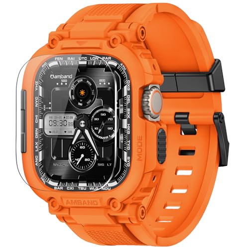 Image of amBand Bands Case Screen Protector Compatible with Apple Watch Ultra 3 /2 /1 49mm, M1 Sport Series Rugged Cover Strap and 9H Tempered Glass Film, Protective Bumper for iWatch 49 mm Men Orange