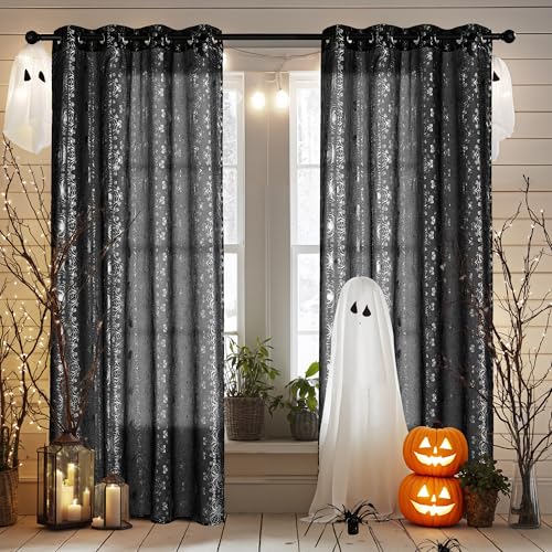 NICETOWN Black Gothic Sheer Curtains for Halloween, Grommet Spider Web Foil Print with Light Filtering Drapes for Horror Theme Room, W52 x L96, 2 Panels