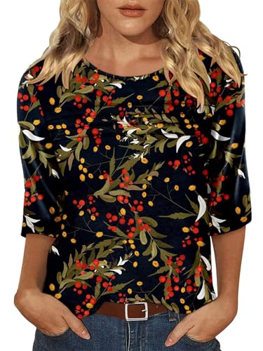 KISSMODA Women's Casual 3/4 Sleeve T-Shirts Round Neck Cute Tunic Tops Basic/Pleated Summer Tops Trendy Spring Blouses