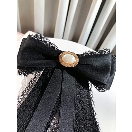 Image of Lace Ribbon Bow Tie Brooch Rhinestone Pearl Necktie for Girl Women Fashion jabot collar brooch pins Pre-Tied Corsage
