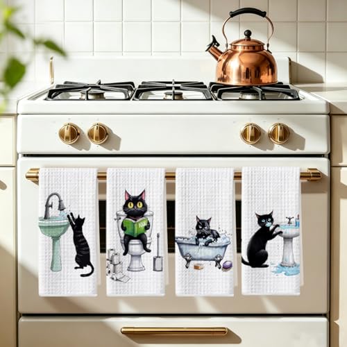Image of Hanamiya Na 4 Pcs Funny Cat Hand Towel for Bathroom 24x14 Inch, Funny Absorbent Microfiber Dish Cloth Towel, Waffle Weave Hand Towels for Toilet Home Cats Bathroom Decor, Cat Lover Gifts