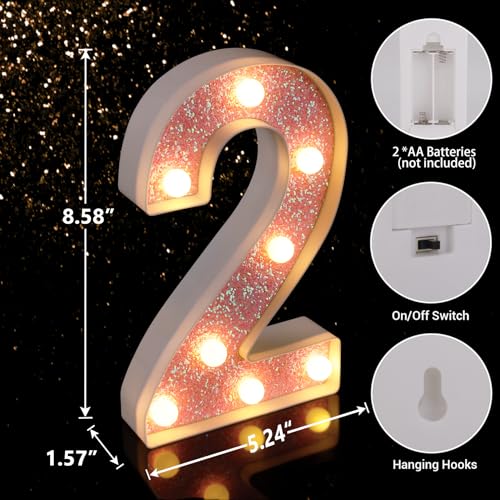 Image of LED Letter Lights Pink Glitter Marquee Letters Light Up Alphabet Letters Sign Battery Powered for Home Party Decoration Night Bar Wedding Birthday Christmas Lamp Girls Gift - Number 2