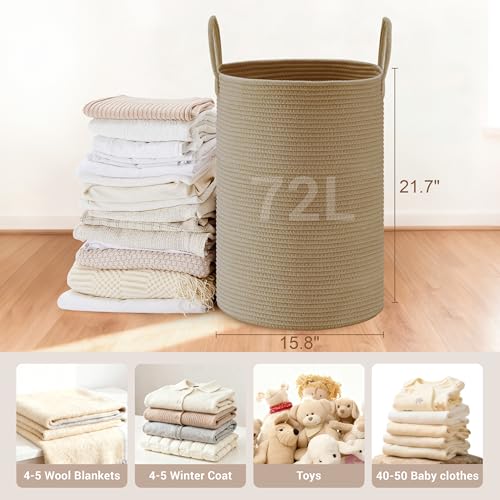 Image of 72L Large Tall Cotton Rope Laundry Basket with Handles, Jute