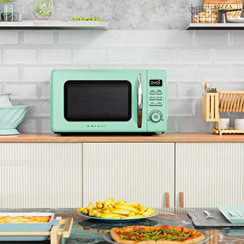 Image of Galanz GLCMKZ07GNR07 Retro Countertop Microwave Oven with Auto Cook & Reheat, Defrost, Quick Start Functions, Easy Clean with Glass Turntable, Pull Handle.7 cu ft, Green