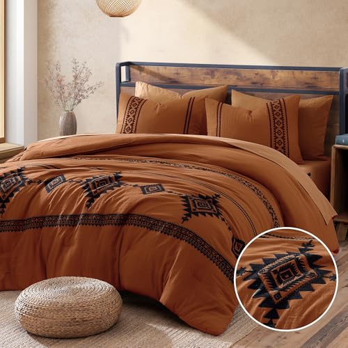 MaiRêve Burnt Orange Embroidery Comforters Set Queen Size - 7 Pieces, Farmhouse Western Bedding All...