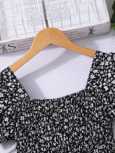 Image of Seechoslo 2025 Tween Girls' Cute Short Sleeve Square Neck Smocked Elastic Short Sleeve Woven Shirt Top