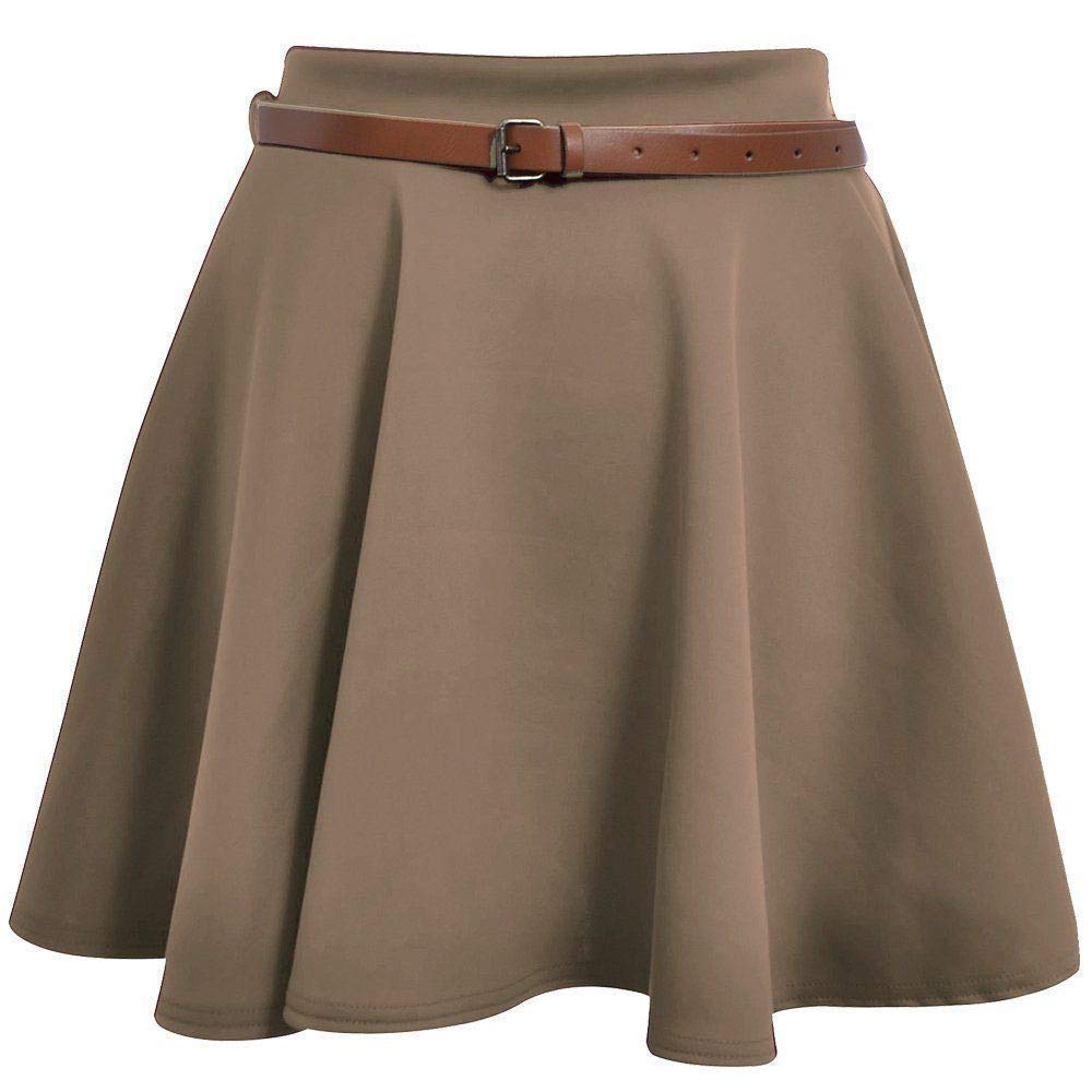NAZ Fashion Skater Belted Stretch Waist Plain Flippy Flared Short Skirt (Brown, 10)