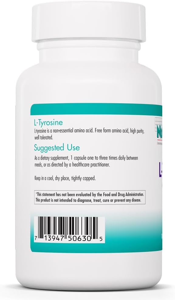 Nutricology L-Tyrosine - Brain Support, Hormone Precursor, Free Form Amino Acid, 500mg Supplement, Thyroid Support Capsules - 100 Count