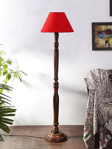 Image of Devansh Red Cotton conical Wooden Floor lamp -18