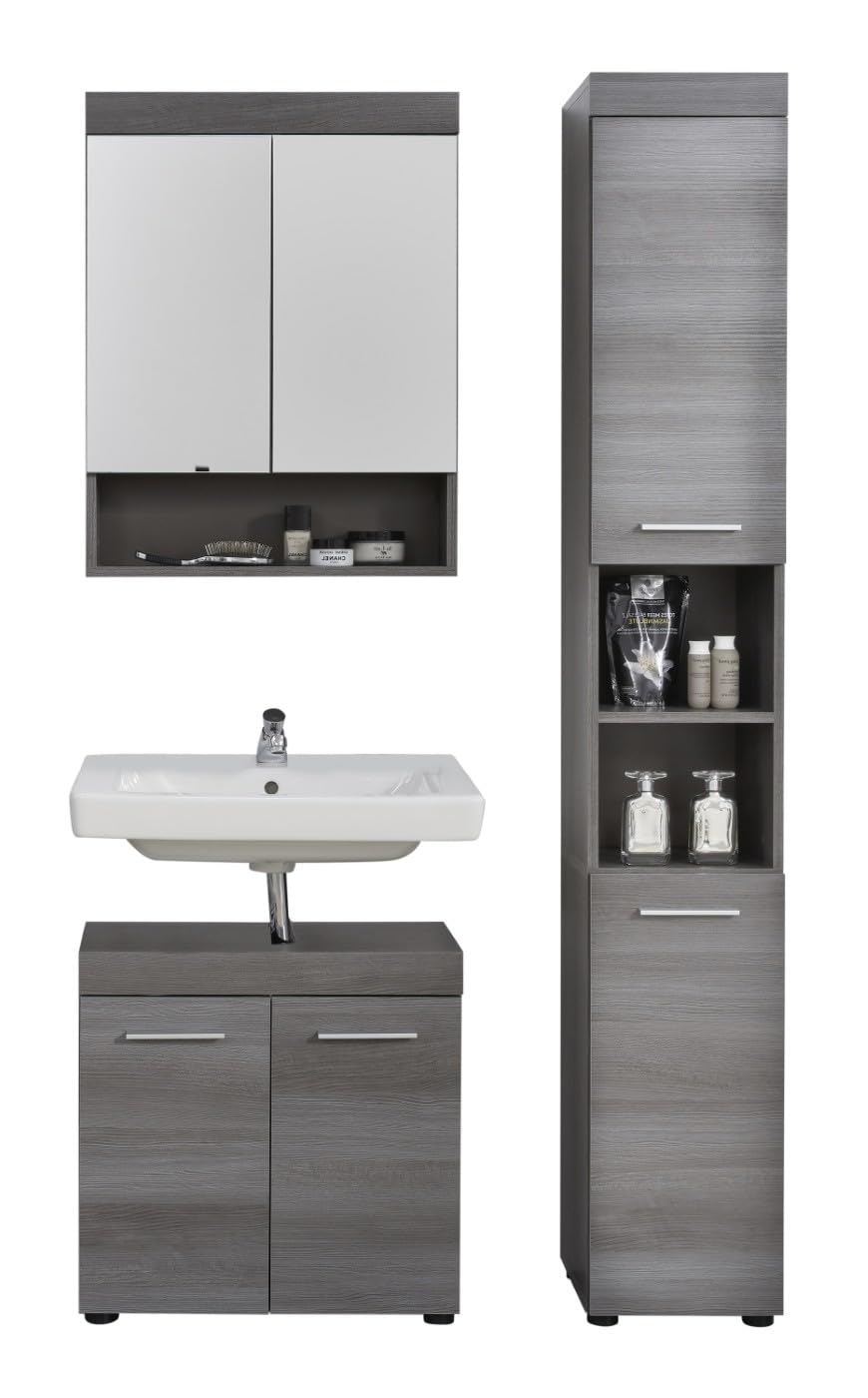 trendteam smart living - Runner - Badkombination - Grau - Hochschrank, Waschbeckenunterschrank, Spiegelschrank - (BxHxT) 103 x 190 x 31 cm - silberfarbener Griff