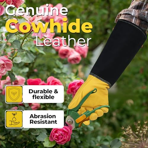 Image of HANDLANDY Rose Pruning Gloves for Men Women, Thorn Proof Gardening Gloves | Long Leather Gardening Gloves, Breathable Leather Gauntlet, Best Garden Gifts & Tools for Gardener (Mustard Yellow, M)