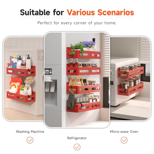 Image of Sevenblue 4-Pack Magnetic Spice Rack for Refrigerator with Hooks, Red