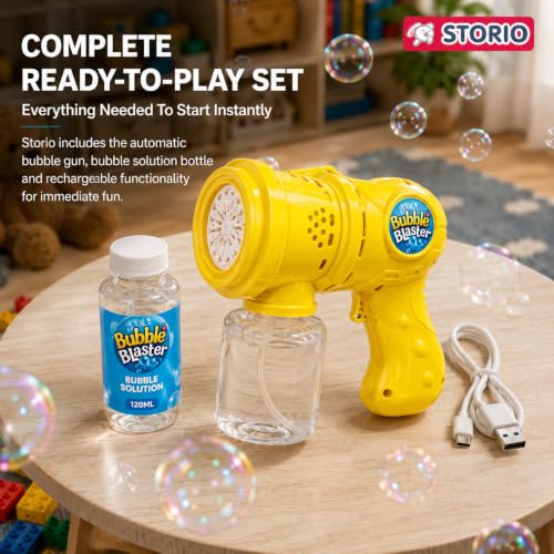 Image of Storio Automatic Bubble Gun for Kids, Rechargeable Electric Bubble Machine with Solution, One Touch Bubble Blower Toy for Indoor Outdoor Party, Gift for Toddlers Boys Girls - Yellow