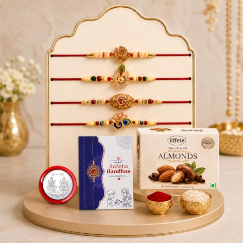 Image of Oblivion 4 Multicolor Rakhis Set for Bhaiya, Damru, Feather, Peacock & 2 Om with Chocolate Almonds 32gm, Roli Tikka, Silver Color Pooja Coin & Greeting Card | Rakshabandhan Festive Gifting, Pack of 8