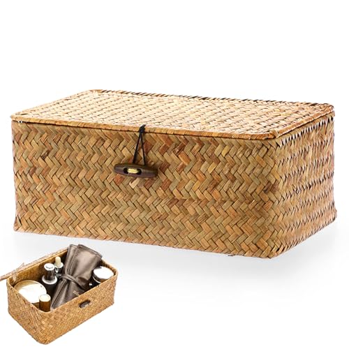 Rattankorb Aufbewahrungskorb aus Seegras, Geflochtener Korb mit...