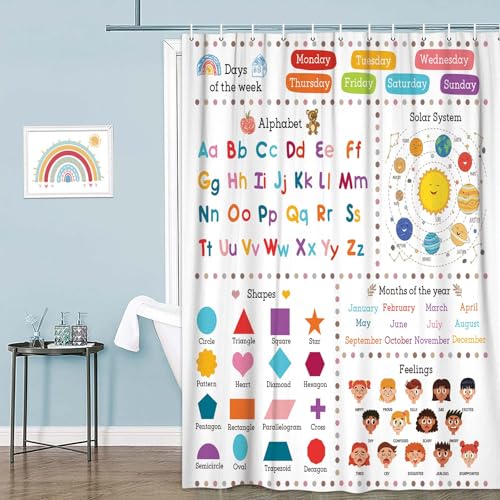 Image of Kids Educational Shower Curtain ABC Alphabet Cartoon Solar System Shapes Cute Knowledge Bathroom Curtain Set for Todders Nursery Shower Curtain Fabric Baby Bathroom Accessories Decor with 12 Hooks