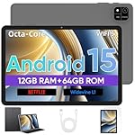 Android Tablet, 10 inch Android 15 Tablet with Octa-Core Processor, 12GB RAM 64GB ROM 2TB Expand, 1280x800 HD Touchscreen, GPS, WiFi 5, Dual Camera, BT5.0, 6000mAh, Widevine L1 (Black)