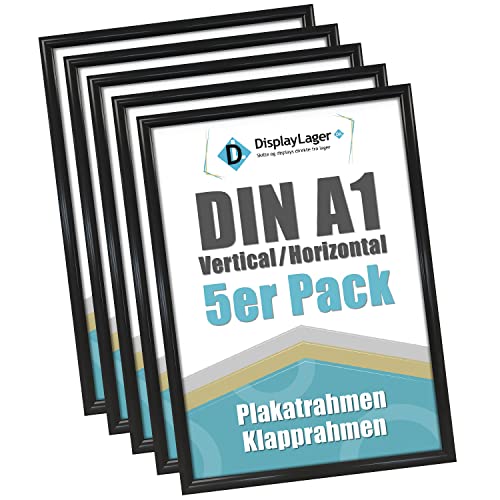 DisplayLager Paquete de 5 marcos plegables negros DIN A1 con perfil de aluminio de 25 mm, disco protector antirreflectante, material de fijación..
