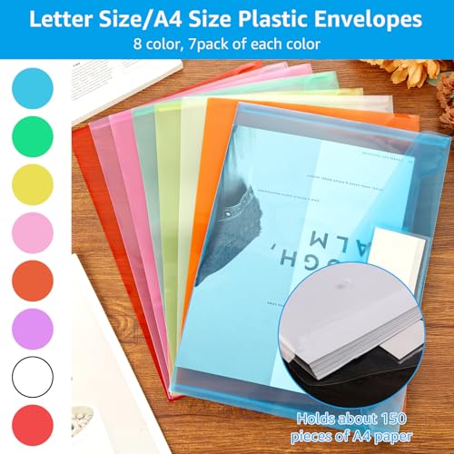 YAYODS Pacote com 56 envelopes de plástico com fecho de pressão, envelopes de plástico tamanho A4/ca