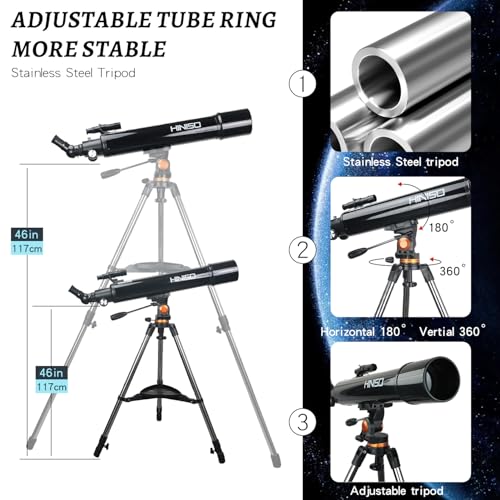 Image of HINISO 90AZ Astronomical Telescope for Adults & Beginners | 90mm Refractor with 800mm Focal Length | Moon & Planet Viewing | BT Remote, Phone Adapter, Steel Tripod & Carry Bag | 32x-240x Magnification