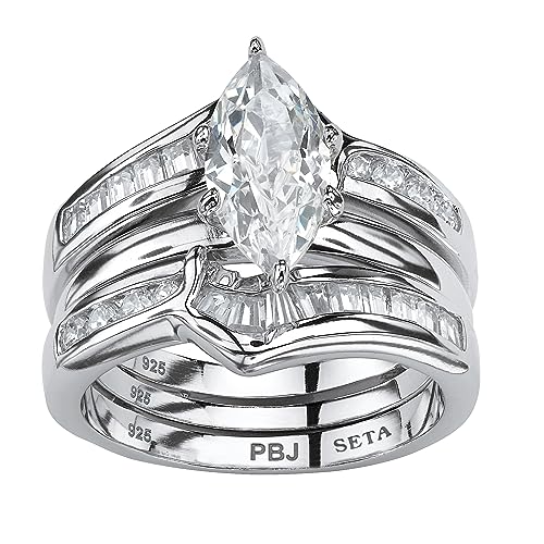 PalmBeach Sterling Silver Marquise Shaped Cubic Zirconia 3 Piece Bridal Ring Set Sizes 6-10