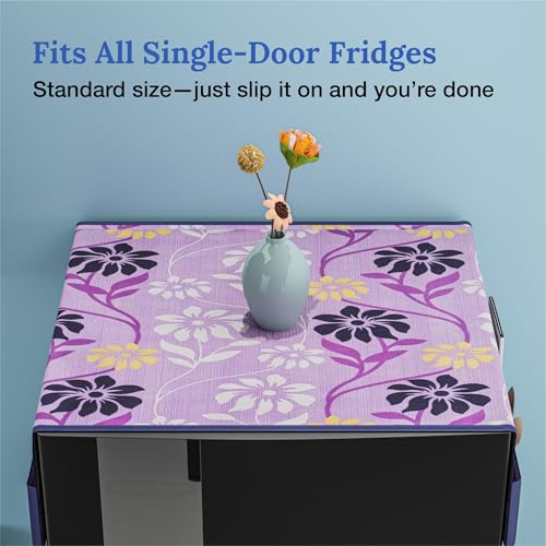 Image of Kuber Industries Cotton Fridge Top Cover | Washable & Anti-Dust Refrigerator Top Cover with 6 Utility Pockets for Kitchen | Flower Design - Purple