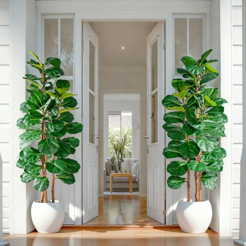 Image of Artificial Fiddle Leaf Fig Tree 5FT, Faux Fig Tree Indoor with Natural Wood Trunk & Realistic Leaves with Moss Pot Fake Ficus Tree Large Faux Floor Plant for Living Room Home Decor, House Plant