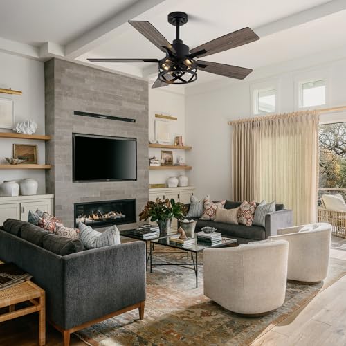 Image of Dawn Whisper 52 Inch Farmhouse Ceiling Fans with Lights and Remote Quiet and Reversible DC Motor Black Industrial Rustic Caged Ceiling Fan for Bedroom Living Room Covered Patio