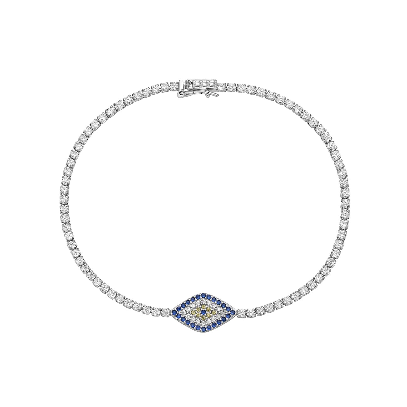 BSD Treasure Sterling Silver Evil Eye With CZ Bracelet - 7" Rhodium Plated - Jewelry for Women and Girls - Dainty Sterling Silver Bracelet - Cute, Timeless Accessory