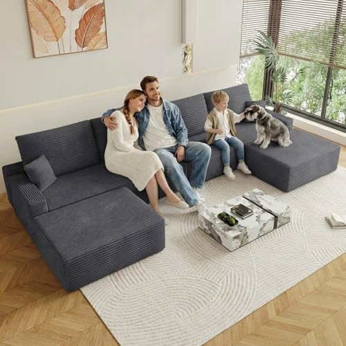 Image of Oversized Modular Sectional Sofa Couch,Large 6 Seater Corner Sofa Modern U Shaped Sectional Couch with Ottoman Cloud Couches for Living Room,Office,Spacious Space,Corduroy,No Assembly,Dark Grey