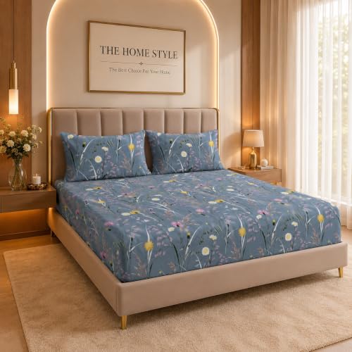 Image of THE HOME STYLE Supersoft Glace Cotton Elastic Fitted All Around King Size Printed Double Bedsheet with 2 Pillow Cover & King Size Comforter /Duvet /Blanket (72 inchx78 inch + Comforter, Bluebell Whisper)