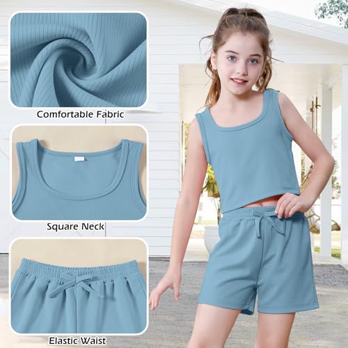 Image of U.nikaka Girls 2 Piece Outfits Casual Girls Shorts Sets Sleeveless Crop Tank Top and Short Sets Ribbed Workout Sets Summer