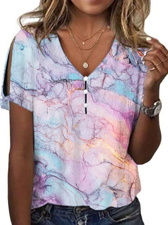 Womens 2024 Summer Marble Printed Tops Casual Short Sleeve Loose Fit Shirts V Neck Button Front Blouse Tops
